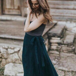 Linen Midi Wrap Skirt in Deep Turquoise